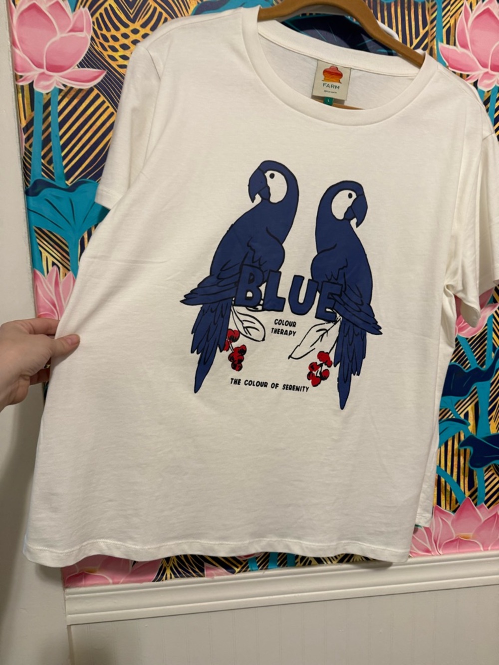FARM Rio White Tee with Blue Parrot Graphic NWOT
